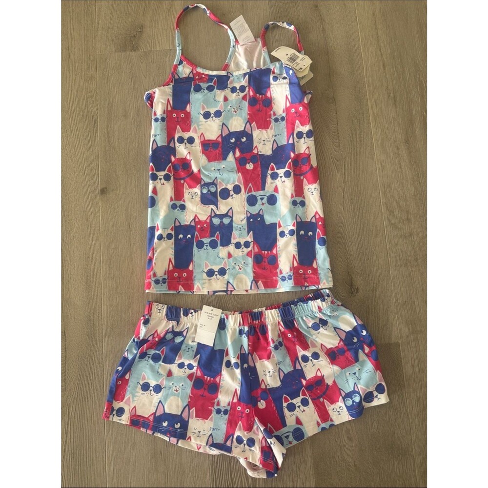 munki munki Pink, Blue & White Cat-Print Pajama Tank Top & Shorts Set